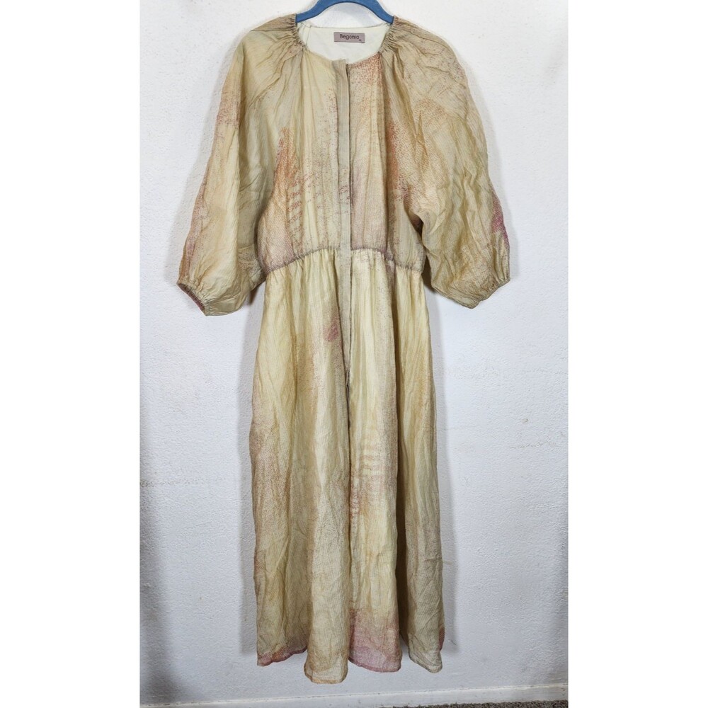 Begonia Dress Women's XL Tan Red Abstract Print Crinkle Maxi Boho Modest Long
